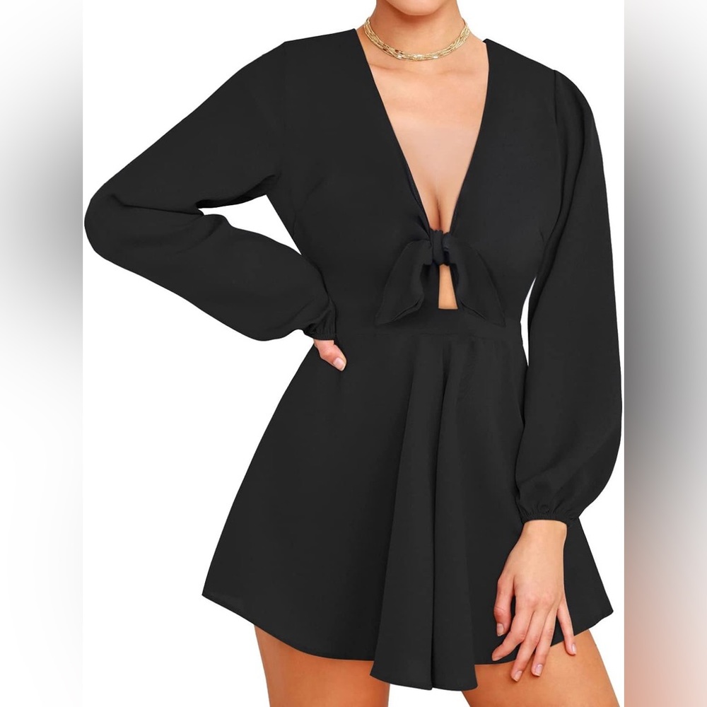 AGQT Women’s Sexy V Neck Self Tie Front Romper Short Jumpsuit Size M